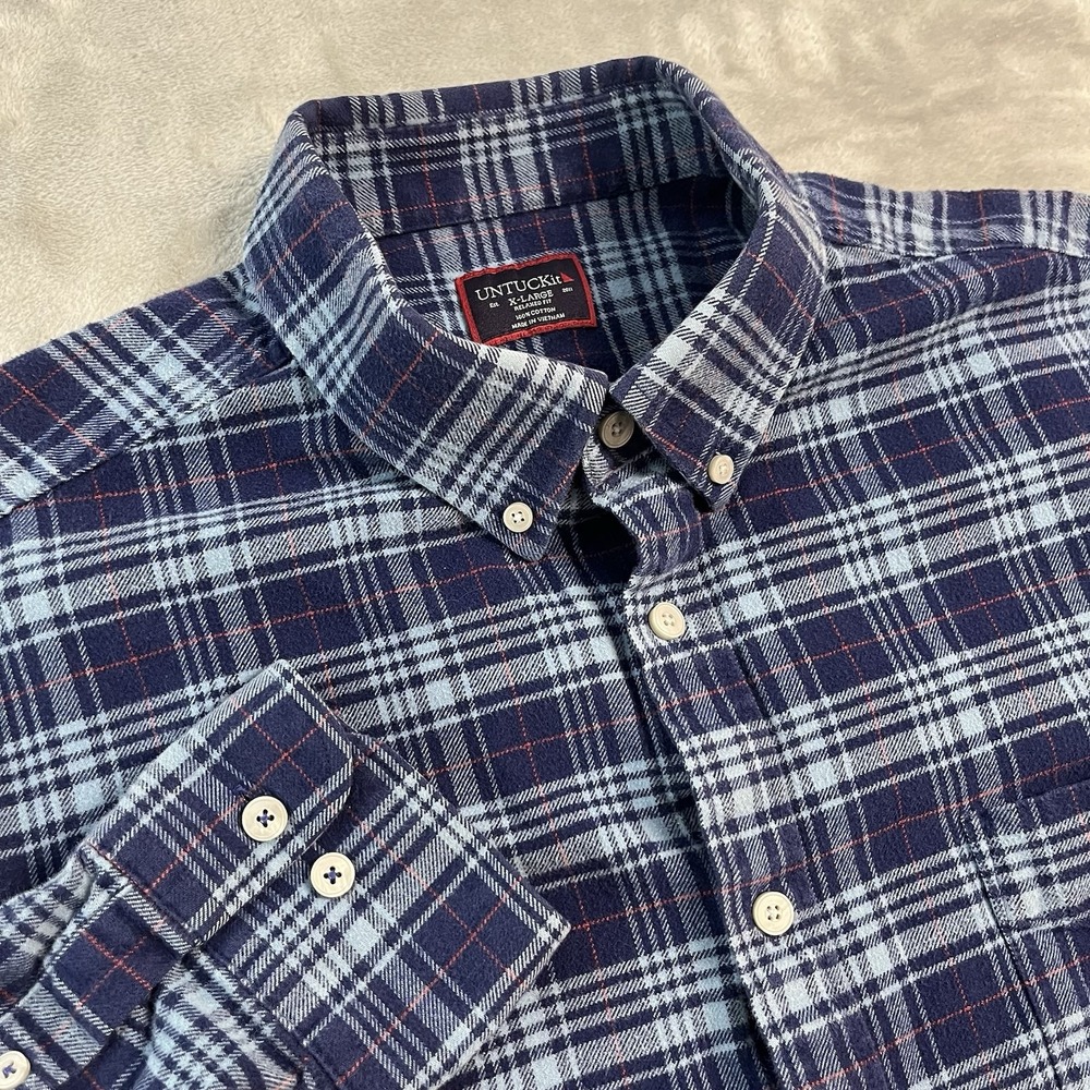 UNTUCKit Lawson Flannel Shirt Mens XL Blue Plaid Button Down Relaxed Fit Fall